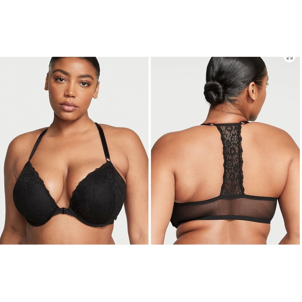 Victoria's Secret 38DDD Black Lace Push Up Plunge Bra Front Clasp Racerback